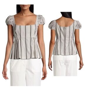 Rebecca Taylor Corded Stripe Puff-Sleeve Empire Blouse Size 16 100% cotton